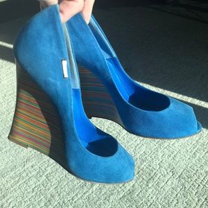 Loriblu Blue Suede Heels with Rainbow Stripe Wedge